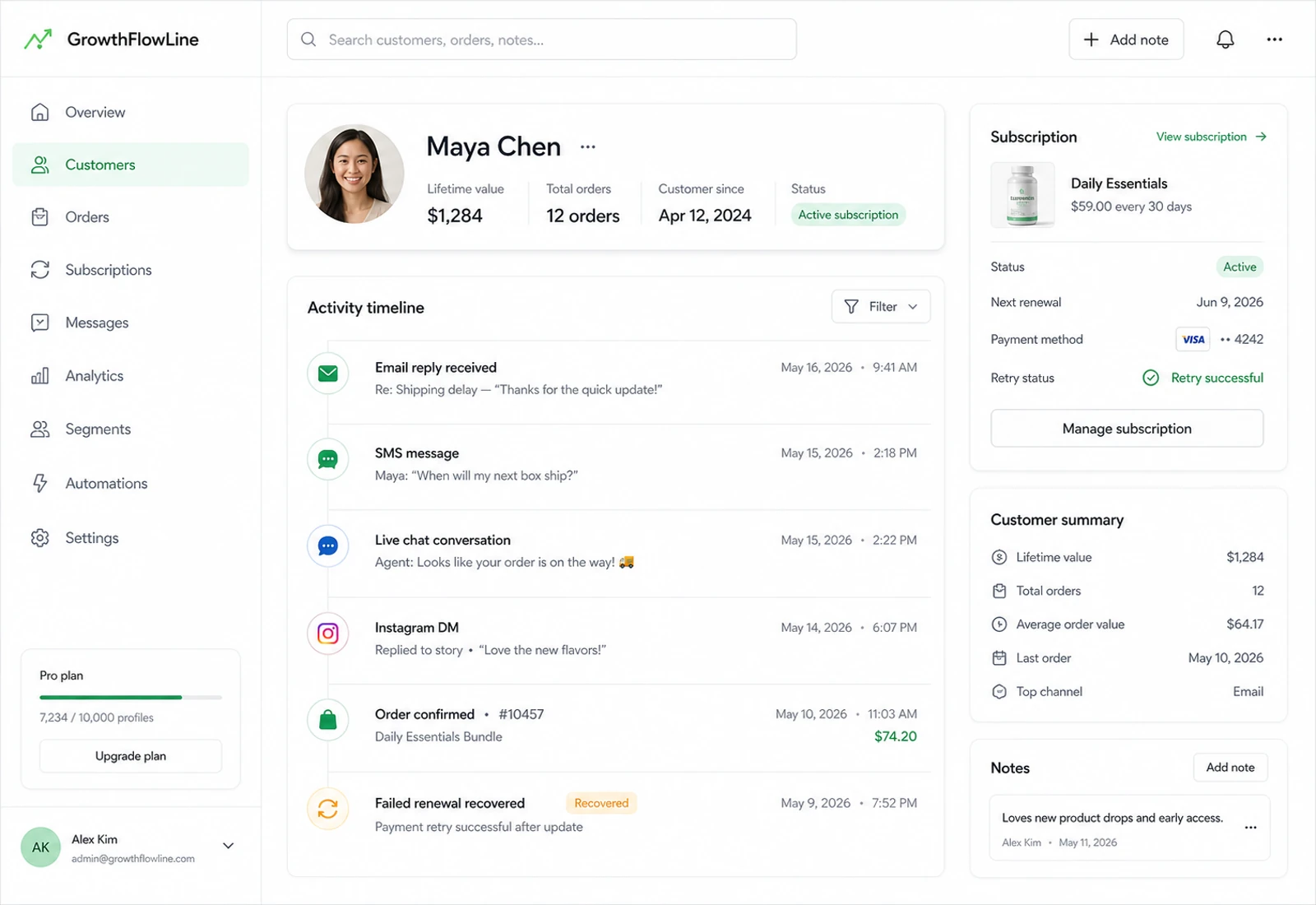 GrowthFlowLine customer profile interface
